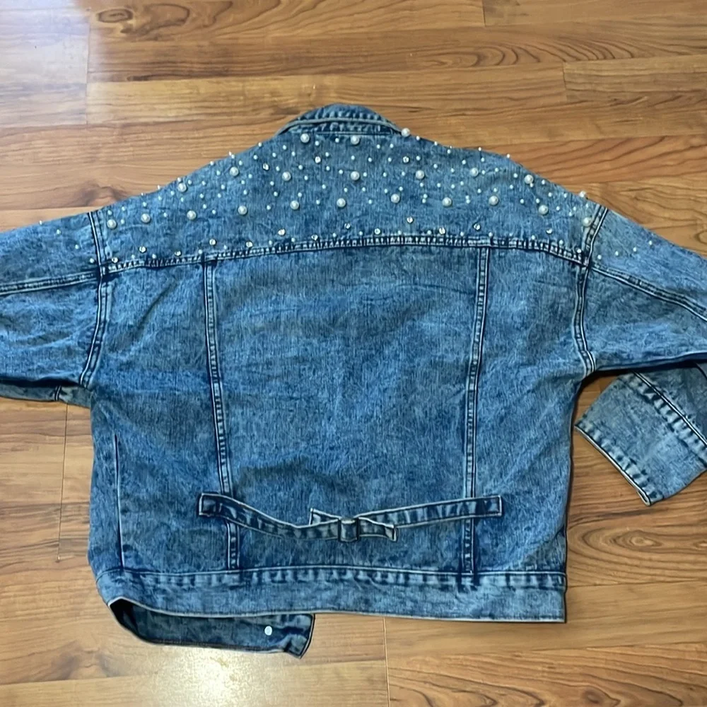 Veveret Pearl Rhinestones Denim Button Down Oversized Jacket Size large - Picture 4 of 10